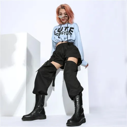 Women Fashion Hollow Out High Waist Trousers Straight Black Pants P2851W0718