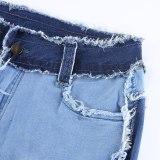 Women Patchwork High Waist Belt Slim Jeans Straight Denim Pencil Pants XP46123V01G