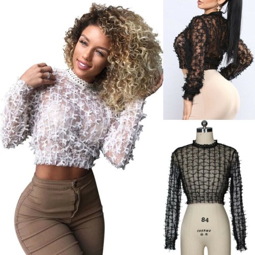 Fashion Women Sexy Lace Hollow Long Sleeve Short T-Shirt Tops G08293