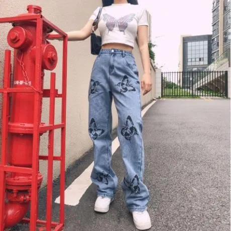 New Retro Women´s Loose Jeans  Printing Wide Leg Pants XP10512W01D