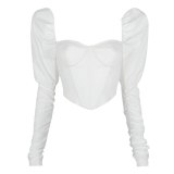 Vintage Puff Sleeve Ruched Corset White Top T-shirt Tops BK20L09202