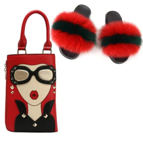 Women Fur Slippers Slides Fashion Beauty Handbags