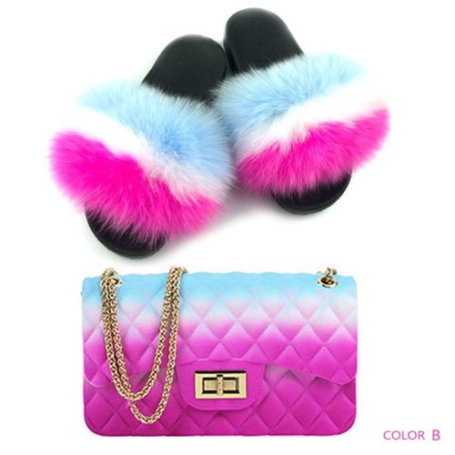 Women Real Fox Fur Slippers Plush Fur Slides Matte Jelly Bags Sets