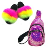 Women Fox Fur Slippers Slides Sequined Chest Bags PS-98899