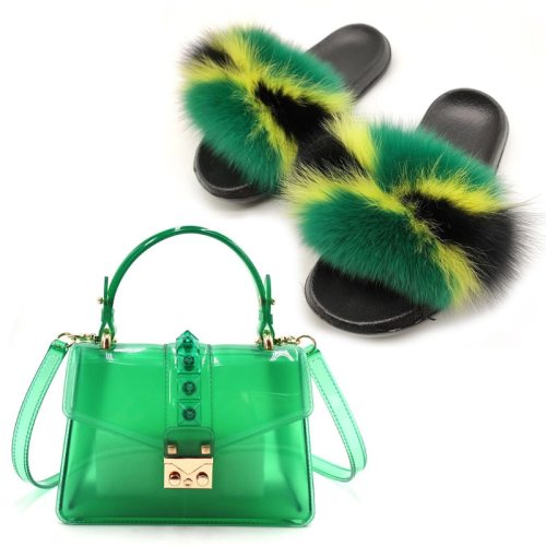 Women Fox Fur Slippers Slides Fashion Ladies Transparent Bags 9909110