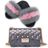 Women Fox Leather Slippers High-End Fluffy Slides Fashion Lady Rhinestone Bags