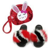 Fuffy Slippers Baby Girls Fox Fur Slides Children Princess Fashion Handbags