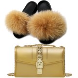 Women New Leather Fox Fur Slippers High-end Slides Small Square Bags