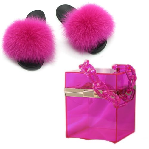 Women Fox Fur Slippers Slides Transparent Bucket Small Square Bags 2020083142
