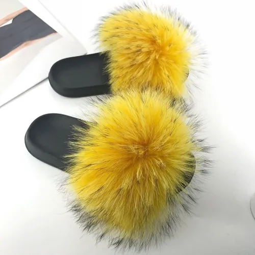 Women High-end Leather Fur Slippers Slides