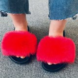 Women Faux Fox Fur Slippers Slides