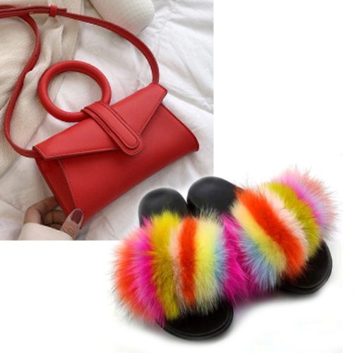 Women Fox Fur Slippers Candy Color Ring One-Shoulder Small Square Bags