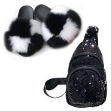 Women Fox Fur Slippers Slides Sequined Chest Bags PS-98899