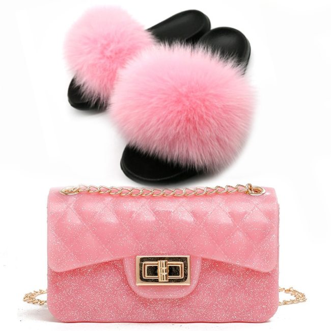 Women Fox Fur Slippers Real Fur Slides  Diamond Jelly Bag Candy Square Bags JY811324
