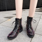Women Autumn Winter Mid-Heel Lace Up Martin Ankle Boots 2020220617