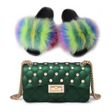 Women Fox Leather Slippers High-End Fluffy Slides Fashion Lady Rhinestone Bags