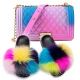 Women Real Fox Fur Slippers Rainbow Colored Slides Jelly Bag Sets