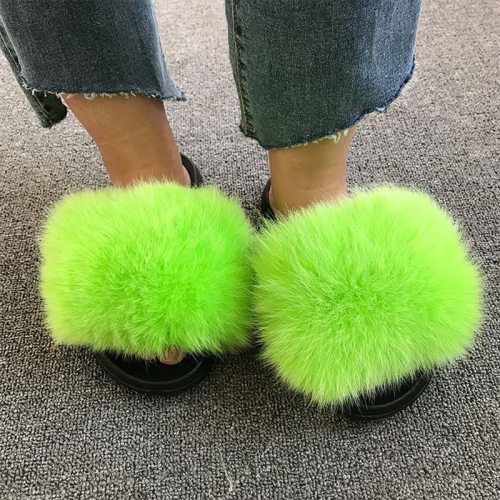 Women Fox Fur Slides Furry Slippers