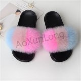Women Rainbow Color Real Fox Fur Slippers Slides