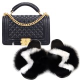 Women Fox Fur Slippers Fashion Rhombus Chain Bags 87245-34