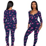 Women's Long Sleeve One Piece Outfit Skinny Sexy Print Pajamas WY673546