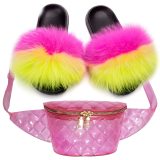 Women Fox Fur Slippers New Fur Slides Fashion Fanny Pack Coin Purse Jelly Bags