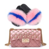 Women Fox Leather Slippers High-End Fluffy Slides Fashion Lady Rhinestone Bags