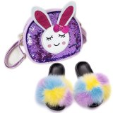 Fuffy Slippers Baby Girls Fox Fur Slides Children Princess Fashion Handbags