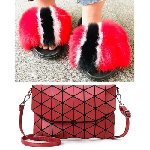 Women Fox Fur Slippers Fashion Slides Messenger Small Square Bags xy991010