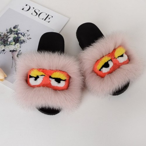 Women Cute Little Monster Slippers Fox Fur Slides