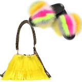 Women Fox Fur Slippers Fluffy Fur Slides Fashion Shoulder Messenger Bags