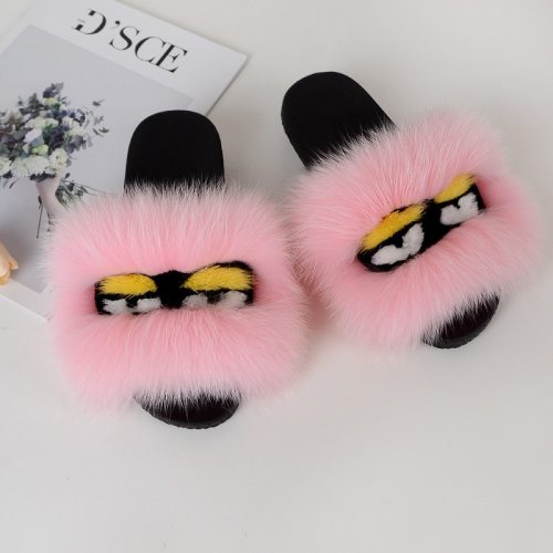 Women Cute Little Monster Slippers Fox Fur Slides