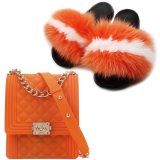 Women Fox Fur Slippers Fluffy Fur Slides Matte Diamond Chain Bags