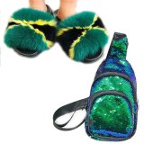 Women Fox Fur Slippers Slides Sequined Chest Bags PS-98899