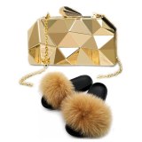 Woman Fox Fur Slippers Slides Metal Clutch Chain Small Square Bags