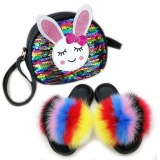 Fuffy Slippers Baby Girls Fox Fur Slides Children Princess Fashion Handbags