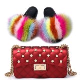 Women Fox Leather Slippers High-End Fluffy Slides Fashion Lady Rhinestone Bags