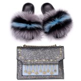 Women Faux Fur Slides Fur Slippers Bright Diamond Shoulder Bags