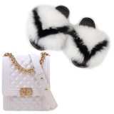 Women Fox Fur Slippers Fluffy Fur Slides Matte Diamond Chain Bags