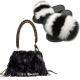 Women Fox Fur Slippers Fluffy Fur Slides Fashion Shoulder Messenger Bags