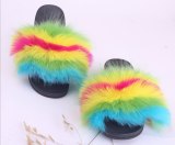 Women Faux Fox Fur Slippers Slides