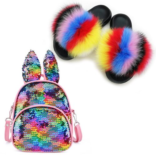 Baby Fox Fur Slippers Furry Slides Children's Fashion Sequin Bags