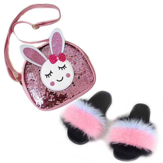 Fuffy Slippers Baby Girls Fox Fur Slides Children Princess Fashion Handbags