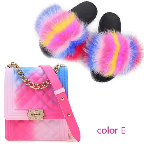 Women Fox Fur Slippers Fluffy Fur Slides Matte Diamond Chain Bags