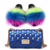 Women Fox Leather Slippers High-End Fluffy Slides Fashion Lady Rhinestone Bags