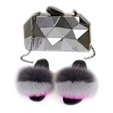 Woman Fox Fur Slippers Slides Metal Clutch Chain Small Square Bags
