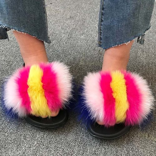 Women Lovely Colorful Real Fox Fur Slides Slippers