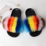 Women Rainbow Color Real Fox Fur Slippers Slides