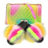 Women Real Fox Fur Slippers Rainbow Colored Slides Jelly Bag Sets