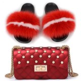 Women Fox Leather Slippers High-End Fluffy Slides Fashion Lady Rhinestone Bags